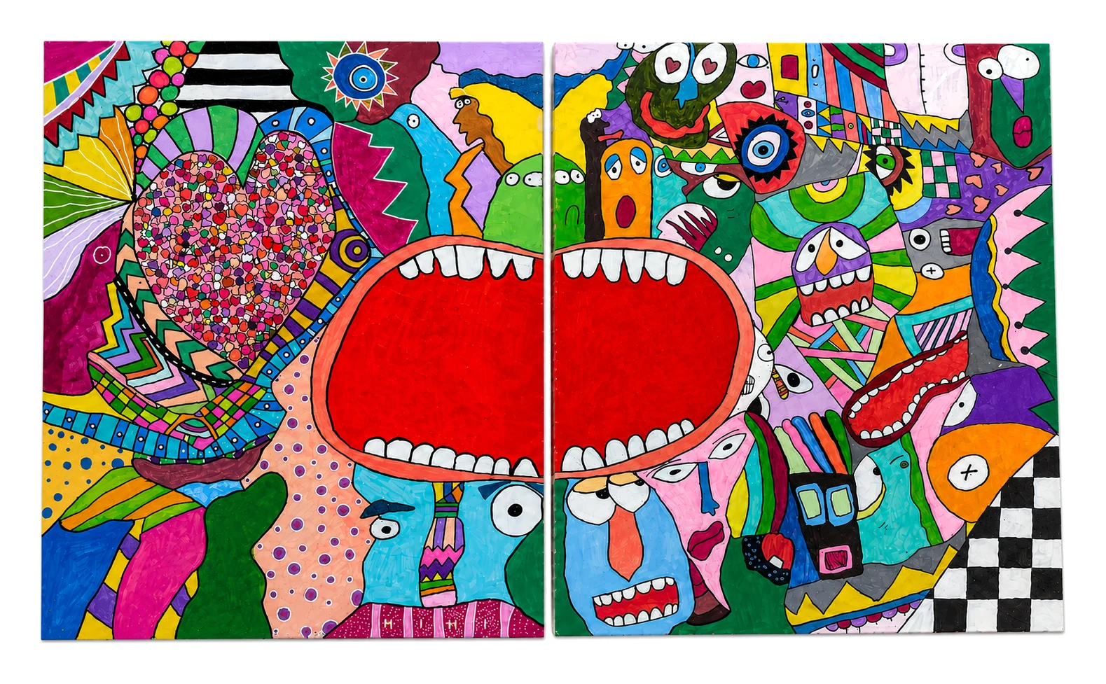 Dialogue Chromatique : diptyque, deux grandes bouches rouges ouvertes face à face entourées de visages et de motifs.